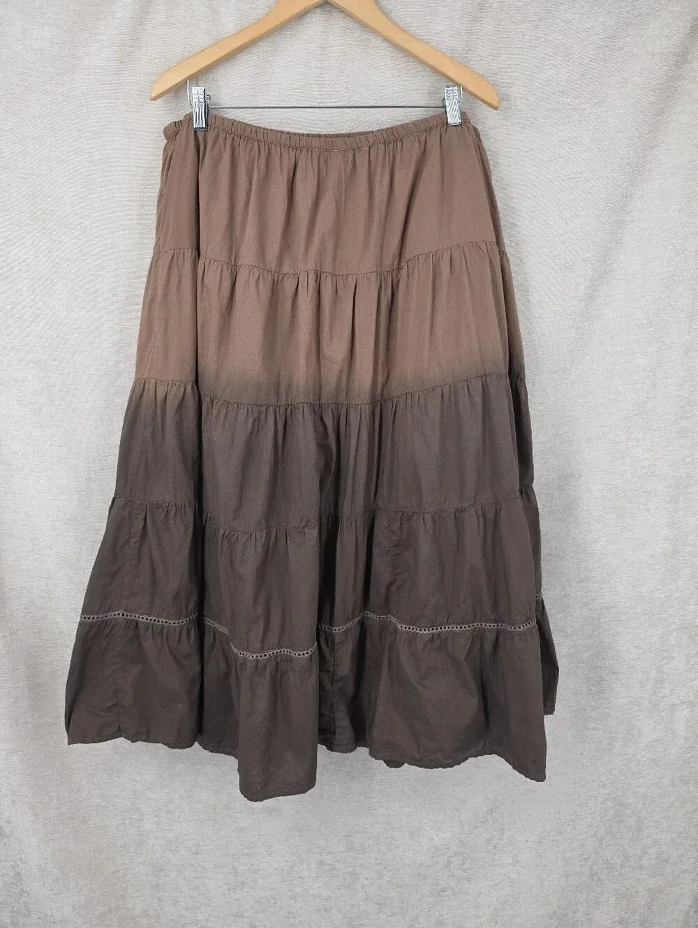 Vintage Cotton Tiered Ombre Chocolate Brown Maxi Skirt Boho Witchy